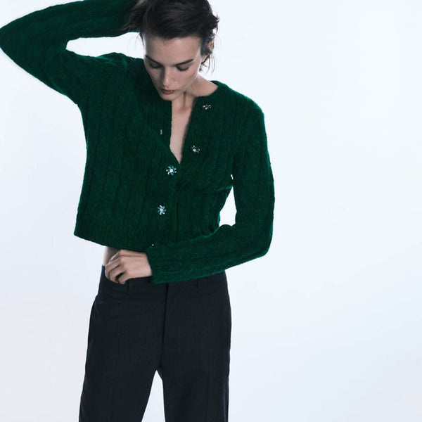 Pretty Green Crystal Floral Button Crew Neck Cable Knit Cropped Cardigan