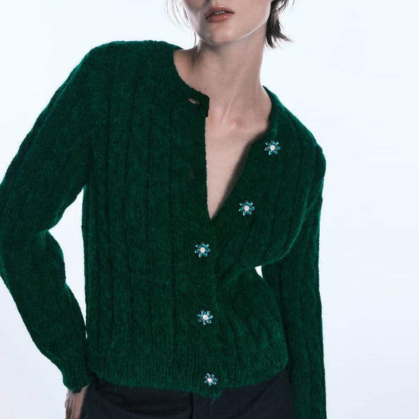 Pretty Green Crystal Floral Button Crew Neck Cable Knit Cropped Cardigan