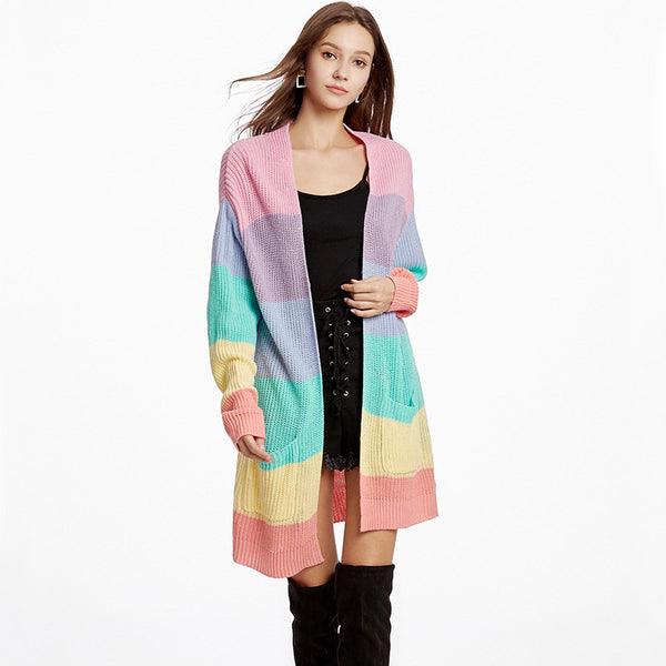 Pretty Pastel Multicolored Rainbow Striped Pattern Open Front Long Cardigan
