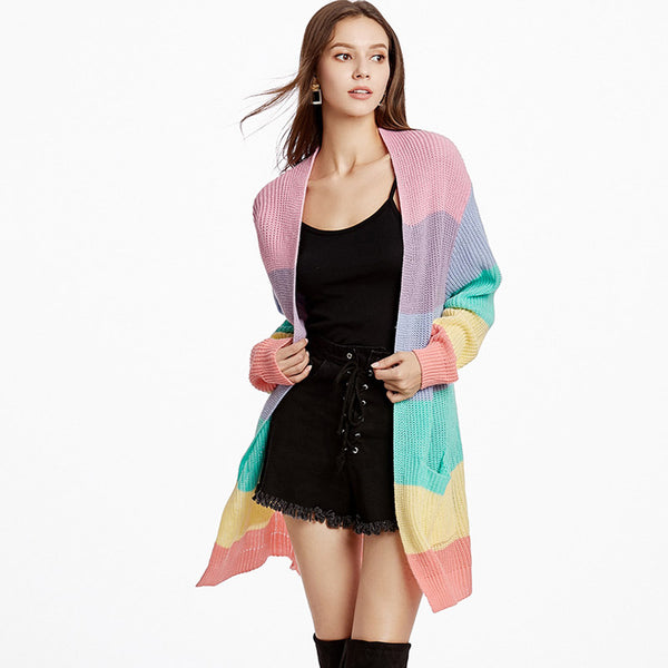 Pretty Pastel Multicolored Rainbow Striped Pattern Open Front Long Cardigan