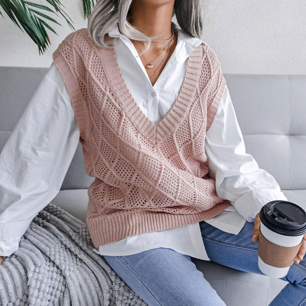 Pretty Solid Color V Neck Argyle Jacquard Openwork Knit Sweater Vest