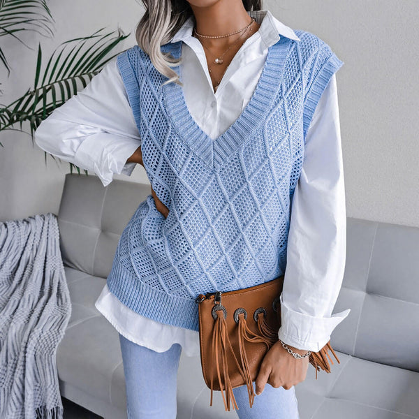 Pretty Solid Color V Neck Argyle Jacquard Openwork Knit Sweater Vest