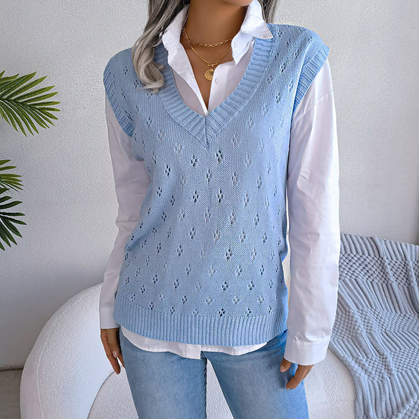 Pretty V Neck Diamond Pointelle Knit Pullover Sweater Vest