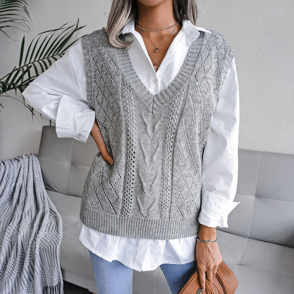 Pretty V Neck Textured Pointelle Cable Knit Pullover Sweater Vest
