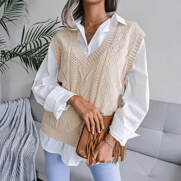 Pretty V Neck Textured Pointelle Cable Knit Pullover Sweater Vest