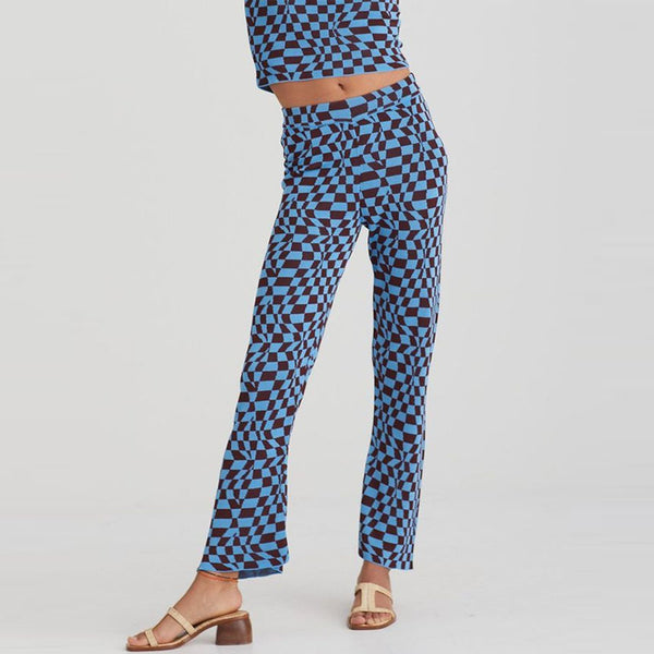 Swirling Checkered Print Straight Leg High Waist Knit Pants
