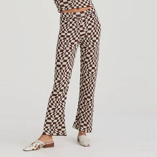 Swirling Checkered Print Straight Leg High Waist Knit Pants