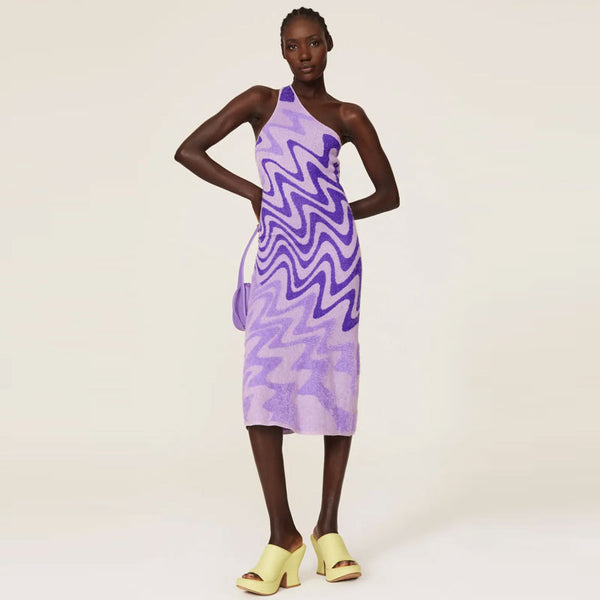 Psychedelic Purple Wavy Print One Shoulder Open Back Eyelash Knit Midi Dress