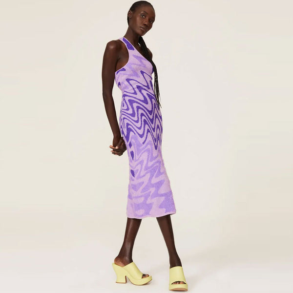 Psychedelic Purple Wavy Print One Shoulder Open Back Eyelash Knit Midi Dress
