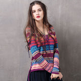 Retro Geometric Striped Print Crew Neck Lace Up Oversized Sweater