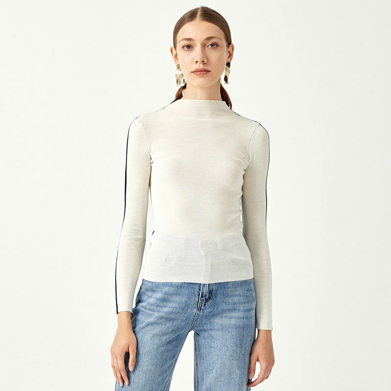 Reversible Two Tone High Neck Merino Wool Blend Fitted Knit Sweater