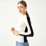 Reversible Two Tone High Neck Merino Wool Blend Fitted Knit Sweater
