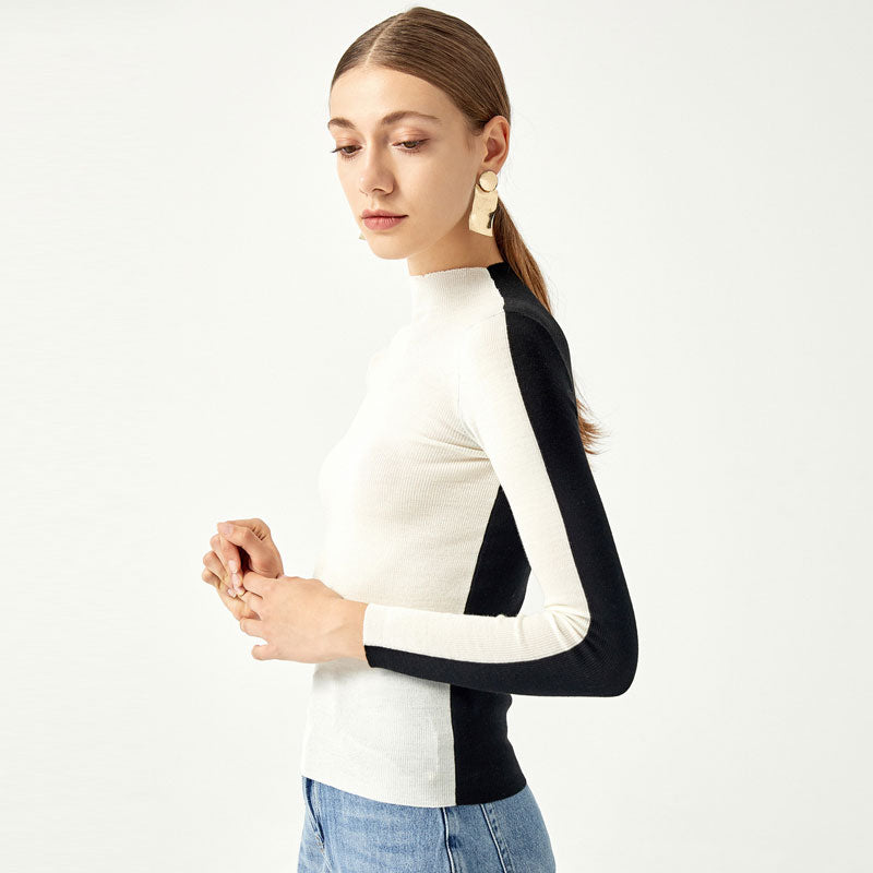 Reversible Two Tone High Neck Merino Wool Blend Fitted Knit Sweater