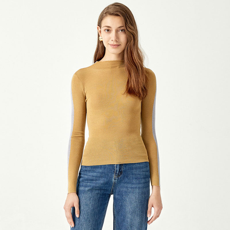 Reversible Two Tone High Neck Merino Wool Blend Fitted Knit Sweater