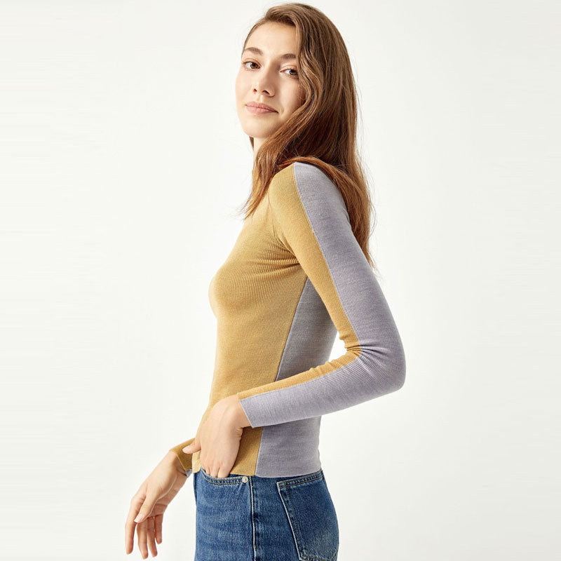 Reversible Two Tone High Neck Merino Wool Blend Fitted Knit Sweater