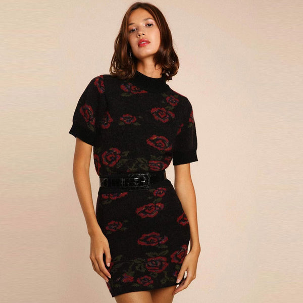 Romantic Floral Jacquard Black Knit High Rise Wool Blend Fitted Mini Skirt