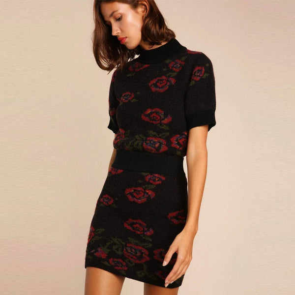 Romantic Floral Jacquard Black Knit High Rise Wool Blend Fitted Mini Skirt