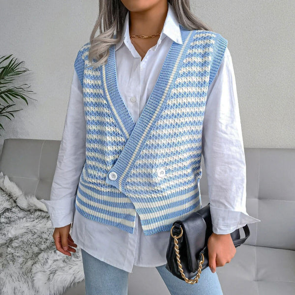 Sassy Crossover Double Breasted Button Down Striped Sweater Vest