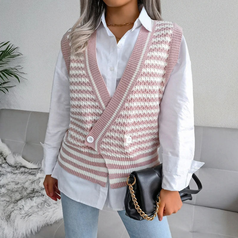 Sassy Crossover Double Breasted Button Down Striped Sweater Vest – Fox Sweaters