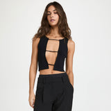 Sassy Solid Black Cutout Front Cropped Rib Knit Tank Top