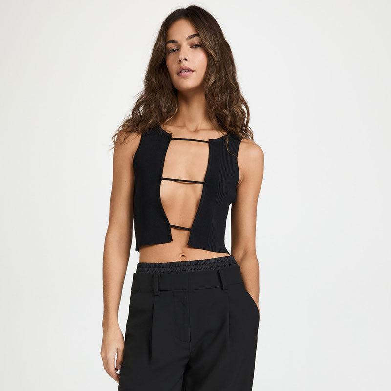 Sassy Solid Black Cutout Front Cropped Rib Knit Tank Top