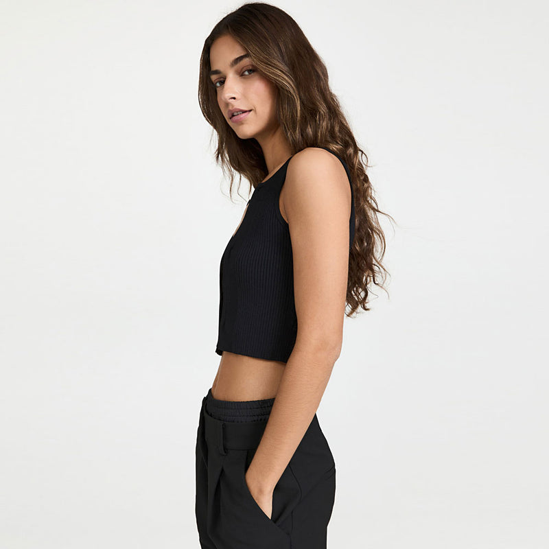 Sassy Solid Black Cutout Front Cropped Rib Knit Tank Top