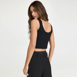 Sassy Solid Black Cutout Front Cropped Rib Knit Tank Top
