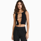 Sassy Solid Black Cutout Front Cropped Rib Knit Tank Top