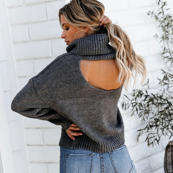 Sexy Back Cut Out Drop Shoulder Pullover Turtleneck Sweater