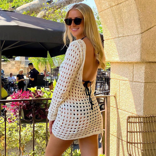 Sexy Backless Round Neck Long Sleeve Ivory Crochet Knit Mini Dress