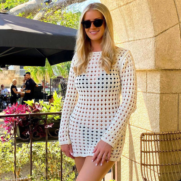 Sexy Backless Round Neck Long Sleeve Ivory Crochet Knit Mini Dress