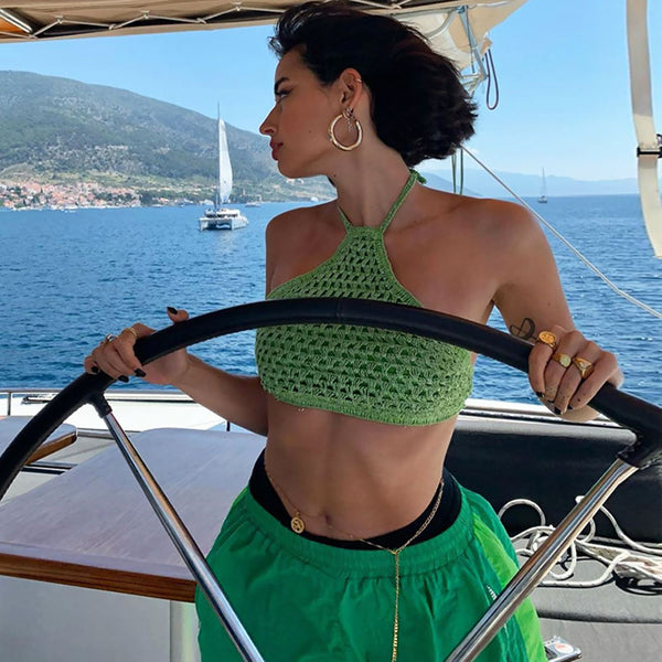 Sexy Backless Sleeveless Green Crochet Knit Super Cropped Halter Top