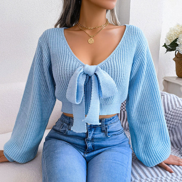 Sexy Bow Tie V Neck Balloon Sleeve Brioche Knit Cropped Sweater