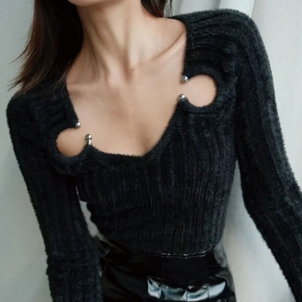 Sexy C Ring Cutout V Neck Fitted Eyelash Black Rib Knit Sweater