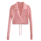 Sexy Pink Chunky Rib Knit V Neck Wrap Around Cropped Cardigan