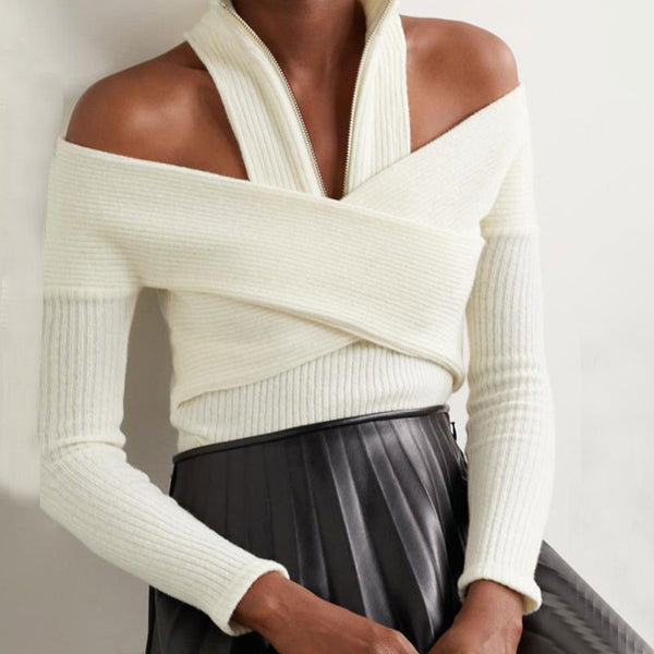 Sexy White Cold Shoulder High Neck Half Zip Cross Front Rib Knit Crop Top