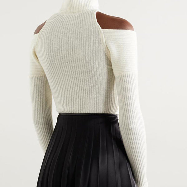 Sexy White Cold Shoulder High Neck Half Zip Cross Front Rib Knit Crop Top