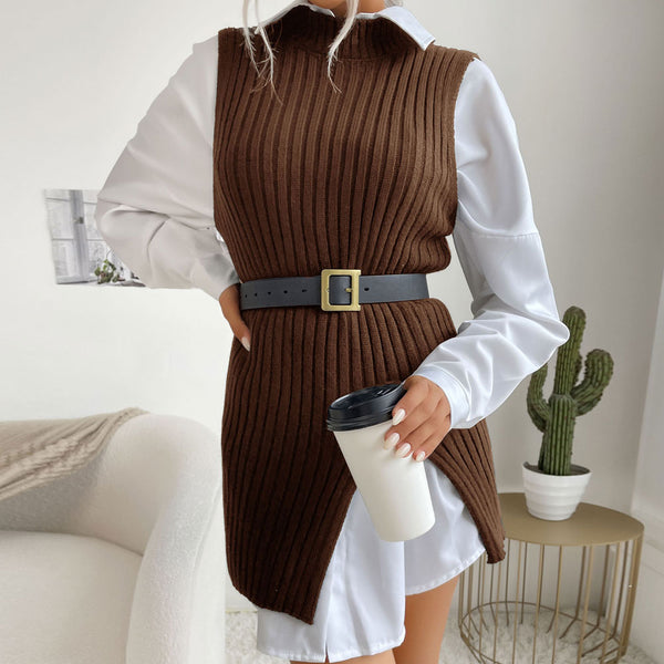 Sexy Crew Neck Front Slit Chunky Rib Knit Fitted Long Sweater Vest