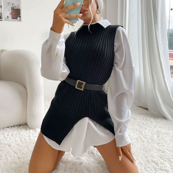 Sexy Crew Neck Front Slit Chunky Rib Knit Fitted Long Sweater Vest