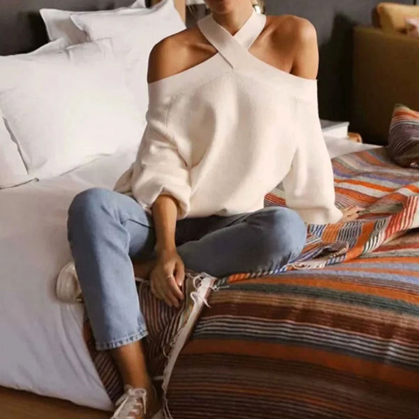 Sexy Criss Cross Neck Cold Shoulder Oversized Pullover Sweater