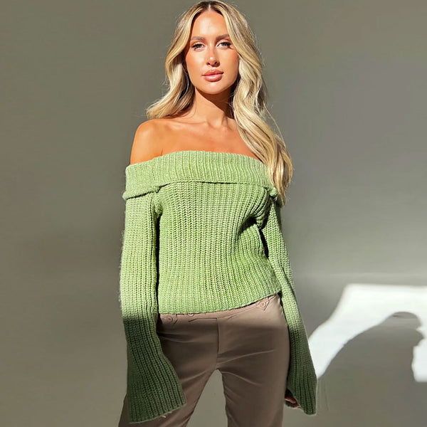 Sexy Foldover Off The Shoulder Brioche Rib Knit Cropped Sweater