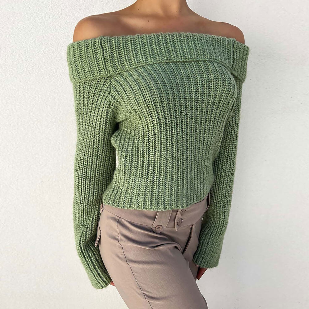 Sexy Foldover Off The Shoulder Brioche Rib Knit Cropped