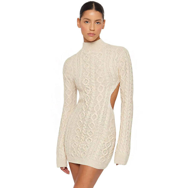 Sexy Apricot High Neck Fisherman Cable Knit Cutout Sweater Mini Dress