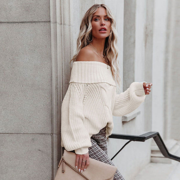 Sexy Off The Shoulder Foldover Beige Chunky Cable Knit Pullover Sweater