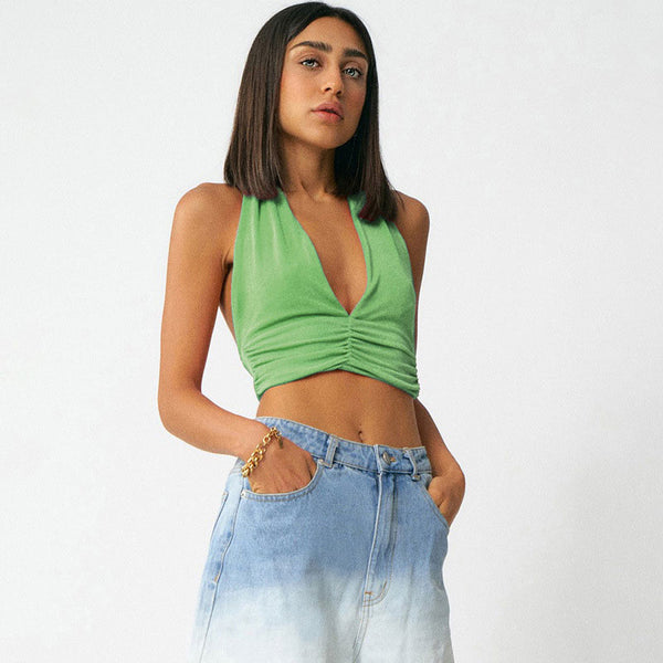 Sexy Green Plunging Halter Neck Tie Sleeveless Open Back Knit Cropped Top