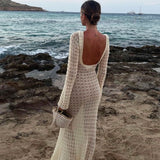 Sexy Round Neck Bell Sleeve Backless Crochet Knit Maxi Dress