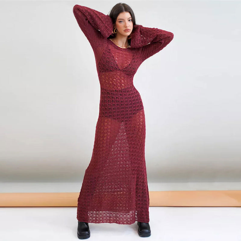 Sexy Round Neck Bell Sleeve Backless Crochet Knit Maxi Dress
