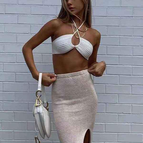 Sexy Ruched Halter Neck Tie Back Sleeveless Rib Knit Crop Top