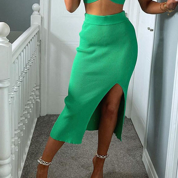 Sexy Green Color Side Slit High Waist Rib Knit Midi Skirt