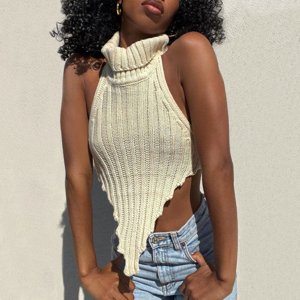 Sexy Turtleneck Open Back Sleeveless Cropped Knit Halter Top